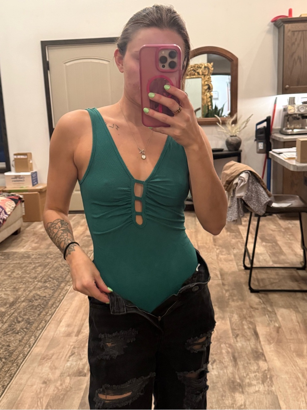 Sleeveless Teal V-Neck Keyhole Ribbed Bodysuit
